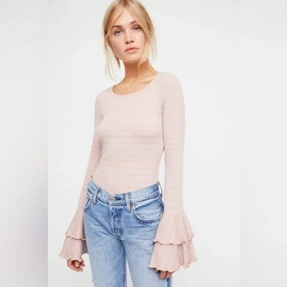 We The Free Tops - We the Free People Women’s Top Size L Lavender Peach Striped Ruffled Bell Sleeve